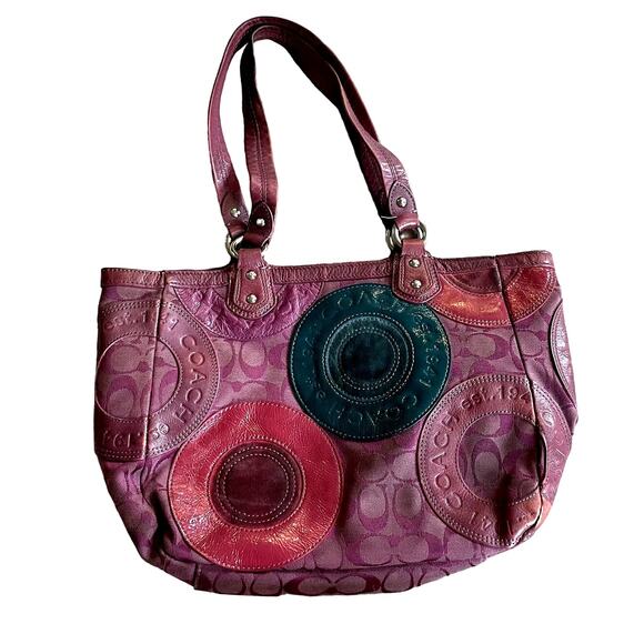 Coach Handbags - Coach East West Circle Patchwork Zip Tote Shoulder Bag Purple Leather Canvas